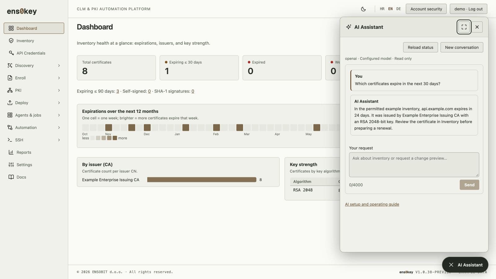Ask the AI Assistant about permitted inventory and operations.