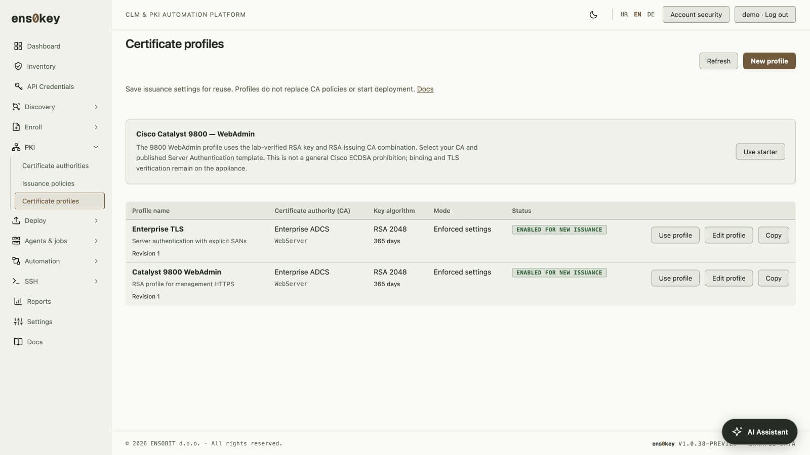 Reusable certificate profiles for consistent issuance.