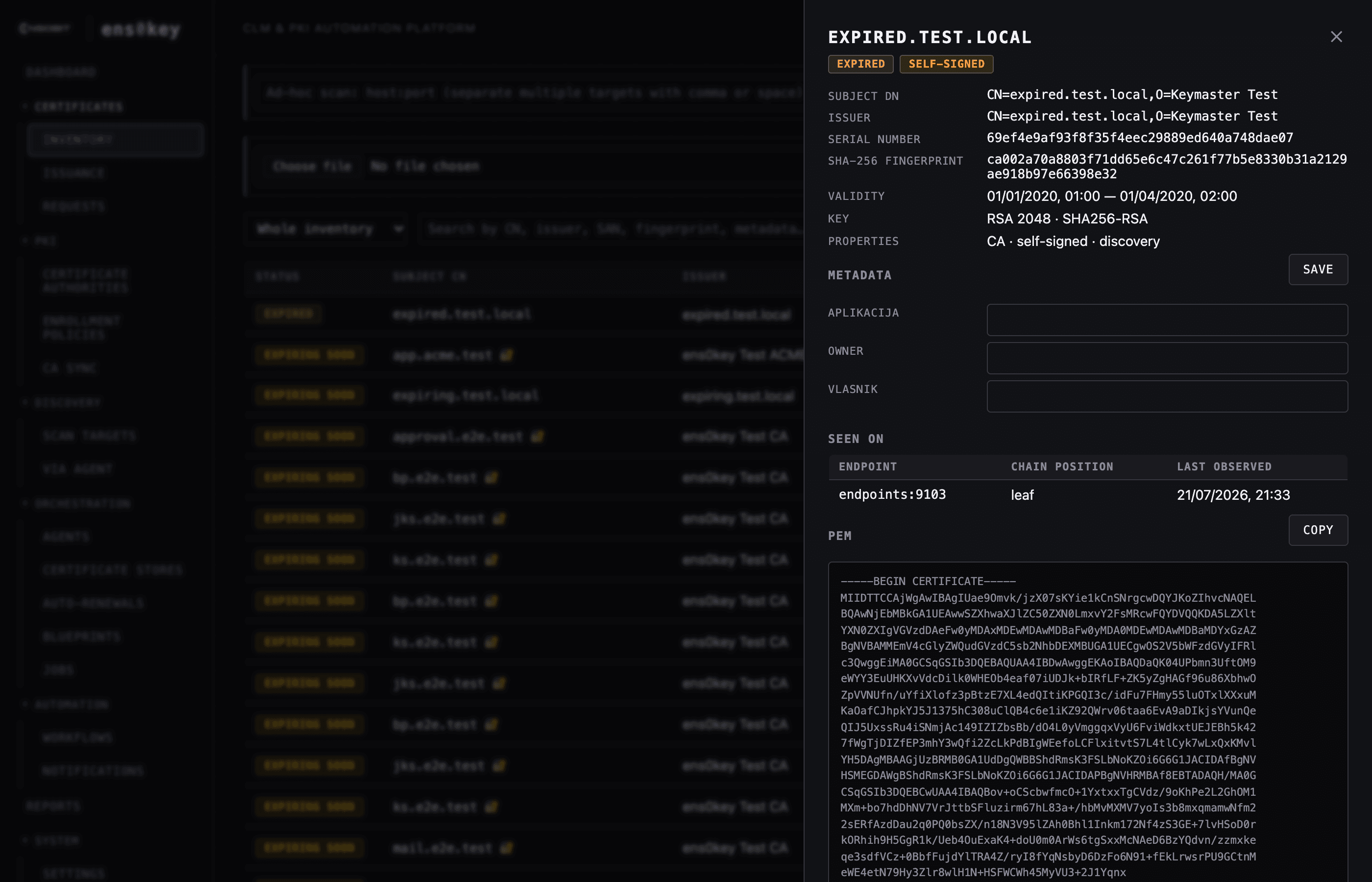 Certificate detail — chain, SANs, observations, locations, and lifecycle actions in one place.