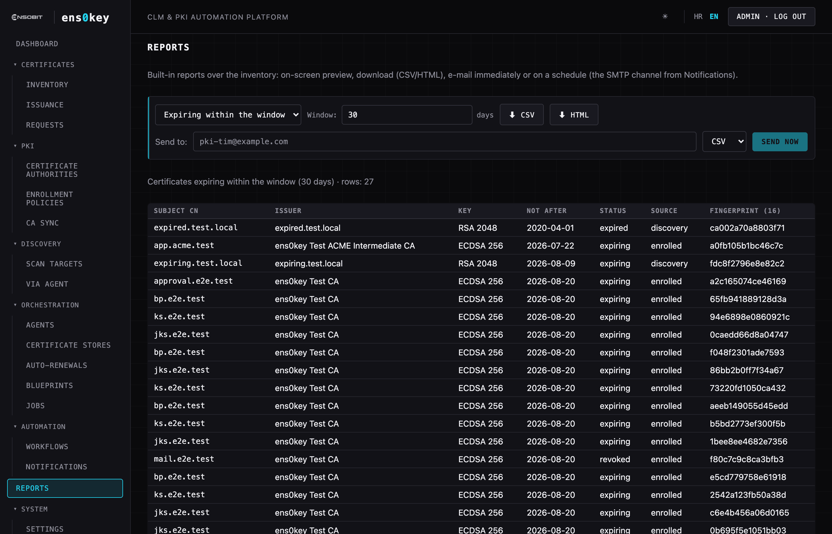 Reports your auditors will ask for — CSV/HTML export, e-mailed now or on a schedule.