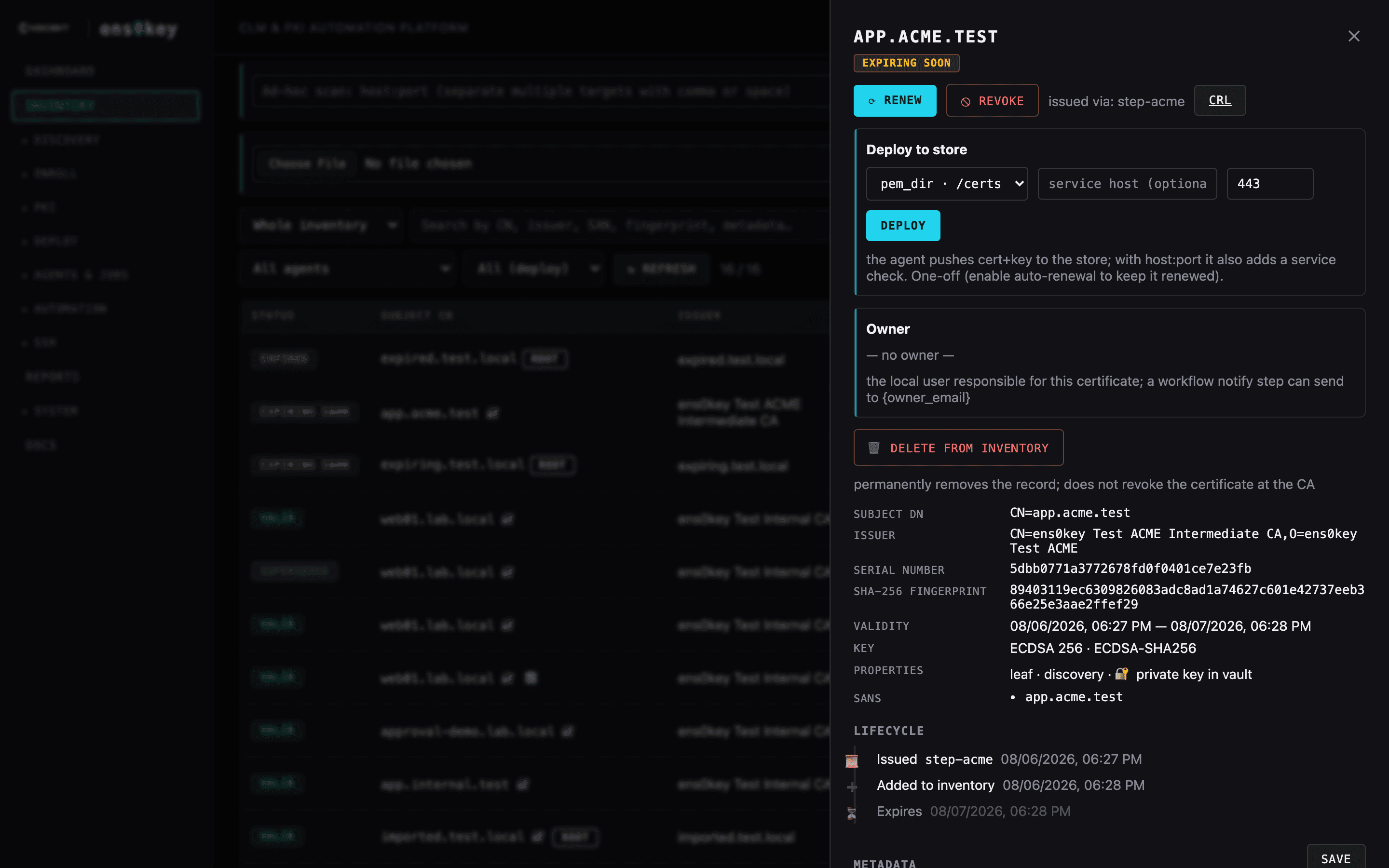 Certificate detail: chain, SANs, locations, lifecycle actions