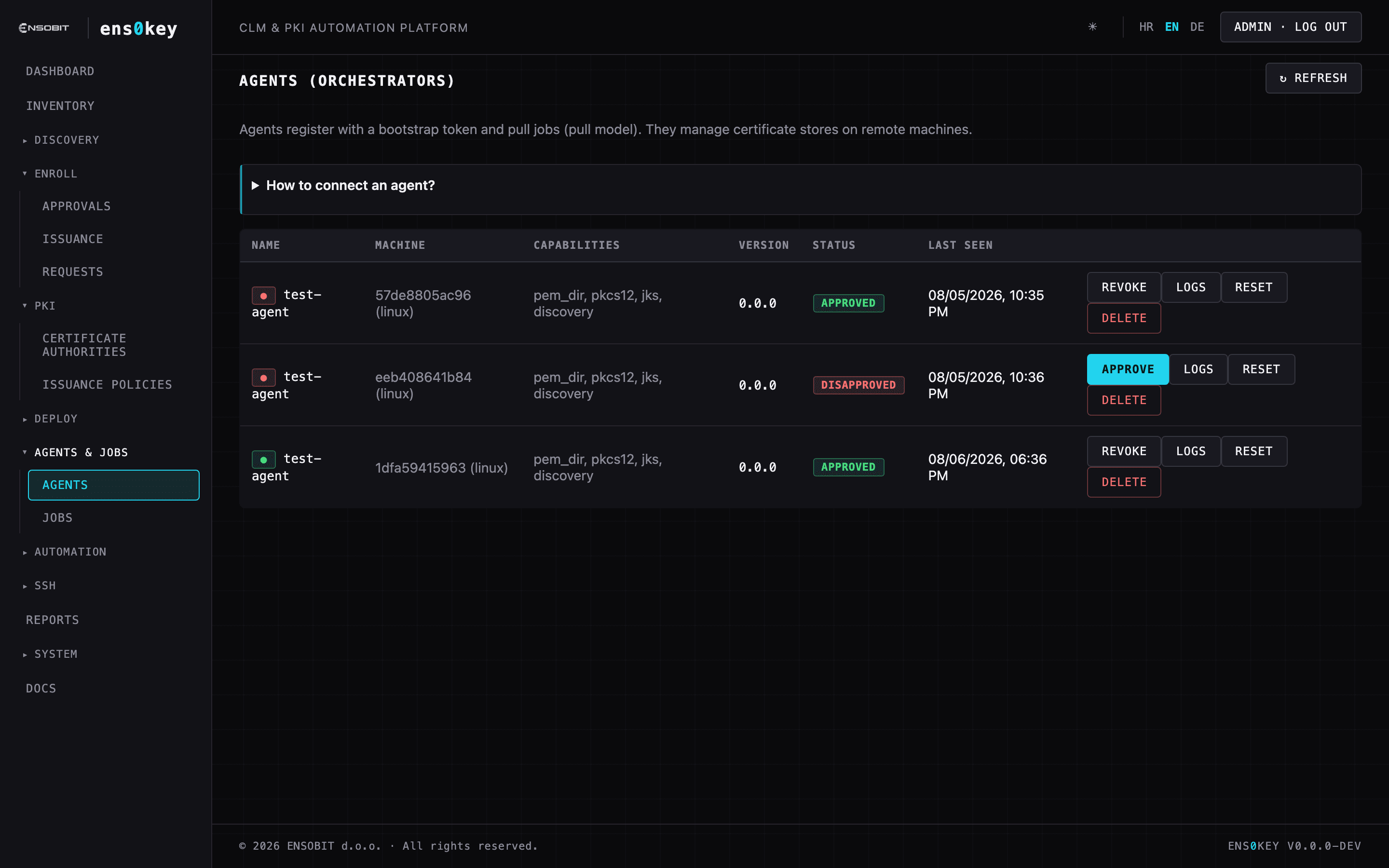 Agents: the fleet, live status, one-click upgrades