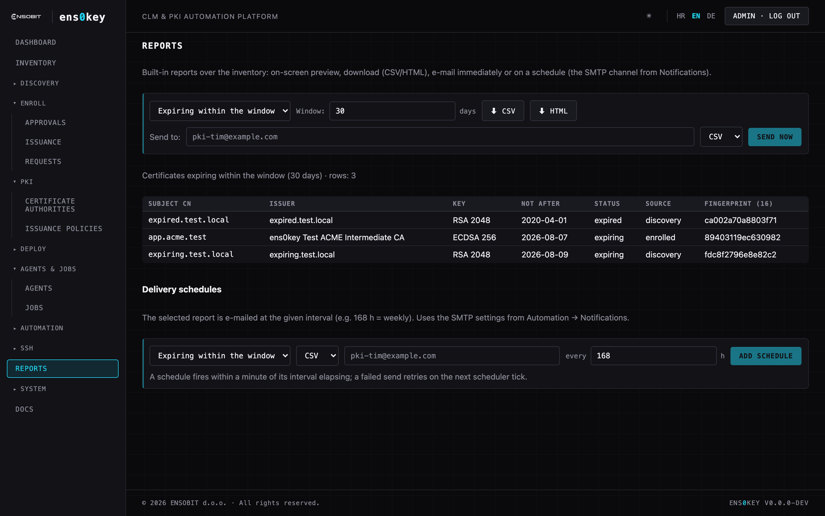 Reports: expiring, key strength, per issuer; CSV/HTML